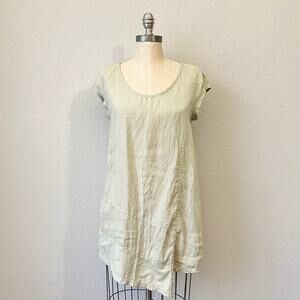 FLAX Tunic Top Green Linen Asymmetric Cap Sleeve Minimalist